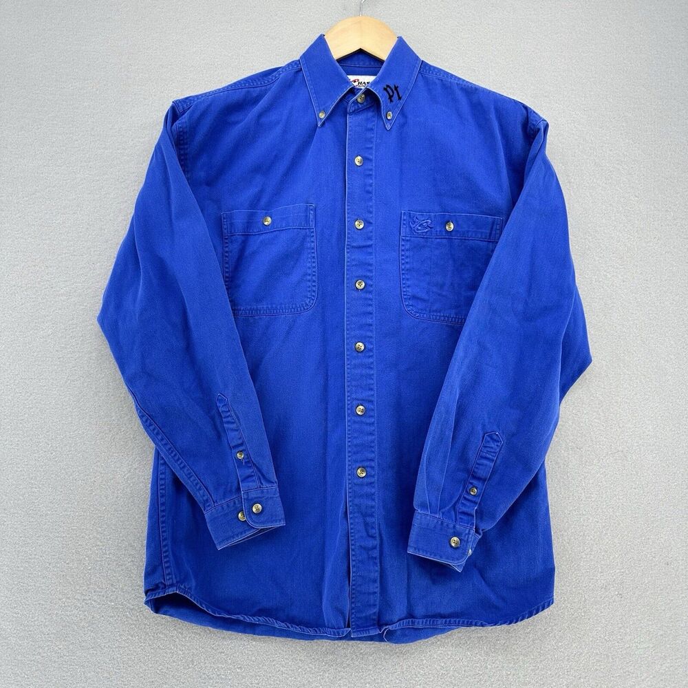 90s Chase Authentics Blue Button Down Heavy Long Sleeve Shirt Mens M VTG Western